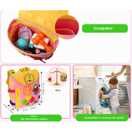 Ghiozdan Montessori, Cyrax, pentru Copii 2-6 ani, Fidget Pop, cu Catarame si Fermoare, Jucarii Senzoriale, Activitate de Invatare prin Joc, Roz, 0.25 kg, 28x10x23 cm