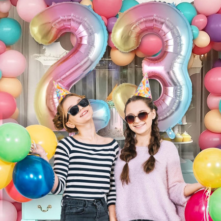 Balon din Folie Metalizata Cyrax, Figurina Cifra Gradient, Tema Aniversare 40 cm, Ambalaj Individual, Pai inclus, Umflare cu Aer sau Heliu, Multicolor, Cifra 3