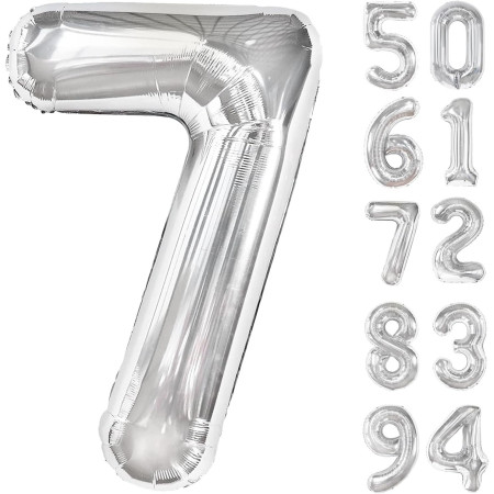 Balon din Folie Metalizata, Cyrax, Figurina Cifra, Tema Aniversare 100 cm, Ambalaj Individual, Pai inclus, Umflare cu Aer sau Heliu, Argintiu, Cifra 7