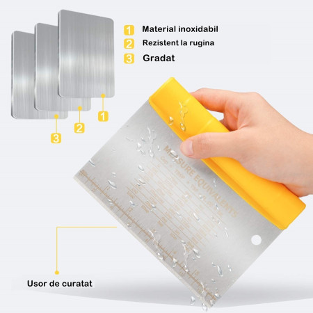 Taietor aluat 15 x 10.5 cm Cyrax, 2 in 1, lama otel inoxidabil, maner din ABS, gradat, paleta plastic, galben