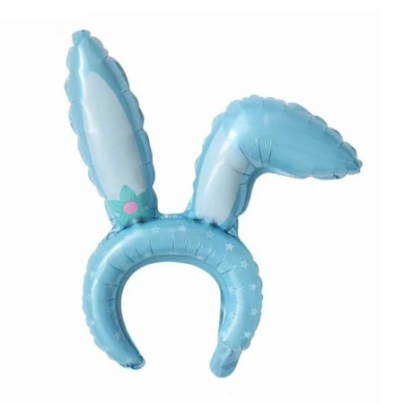 Balon din Folie Metalizata, Cyrax, Tip Coronita cu Urechi, Model Iepure, Ambalaj Individual, Pai Inclus, Umflare cu Aer sau Heliu, 38 x 45 cm, Albastru