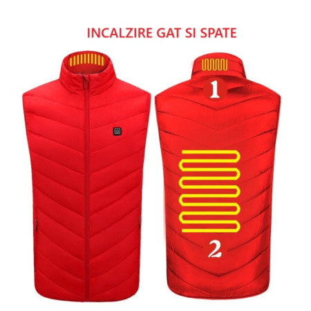 Vesta cu Incalzire,  Unisex, 2 Zone de Incalzire, Umplutura Bumbac, 3 Trepte de Temperatura, Incarcare USB, Rosu, 45 - 50 kg, Marime M