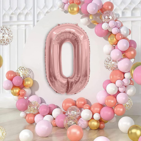 Balon din Folie Metalizata Cyrax, Figurina Cifra, Tema Aniversare 40 cm, Ambalaj Individual, Pai inclus, Umflare cu Aer sau Heliu, Rose Gold, Cifra 0