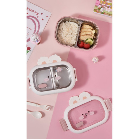 Cutie pentru Pranz sau Gustari, Cyrax, cu Doua Compartimente, Model Iepuras, pentru Copii si Adulti, Etansare, PP, Perfect pentru Scoala si Birou, 1000 mL, 22x17.8x8 cm, Alb