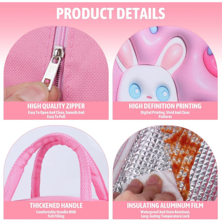 Geantă Frigorifică, Cyrax, cu Desene Animate 3D, Portabilă pentru Copii, de Prânz, din Pânză Oxford, 23x13x19 cm, Model Iepuras, Roz