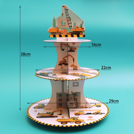 Etajera pentru Prajituri, Cyrax, din Carton, 3 Nivele, 16/22/29 cm Diametru, Inaltime 38 cm, Tema Utilaje de Santier, Multicolor