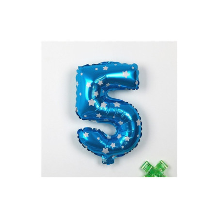 Balon din Folie Metalizata Cyrax, Figurina Cifra, Imprimeu Stele, Tema Aniversare 80 cm, Ambalaj Individual, Pai inclus, Umflare cu Aer sau Heliu, Albastru, Cifra 5