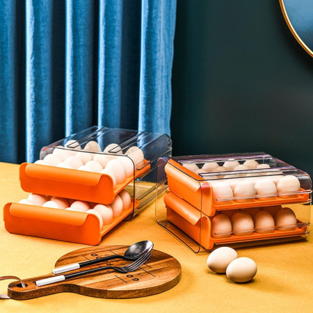 Suport pentru Oua, Cyrax, Strat Dublu, Capacitate 32 de Oua,  23.5x21.5 cm, din Plastic, Portocaliu