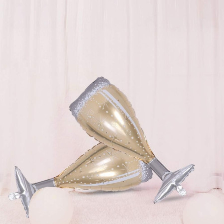Balon din Folie Metalizata, Cyrax, Figurina Pahar de Sampanie, Tema Aniversare, 100x40 cm, Ambalaj Individual, Pai Inclus, Umflare cu Aer sau Heliu, Auriu