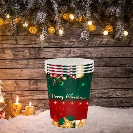 Set 16 Pahare de Unica Folosinta, Cyrax, Model Merry Christmas, Tematica de Craciun, 9.14 cm, Rosu Verde