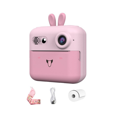Set Camera Instantanee pentru Copii, Cyrax, Ecran HD 2.4'', 24MP, 720P Video, 1200 mAh, cu Functie de Printare Alb-Negru, cablu USB-C, Bluetooth, Compatibil iOS/Android, Imprimare APP, Model Iepure, Roz
