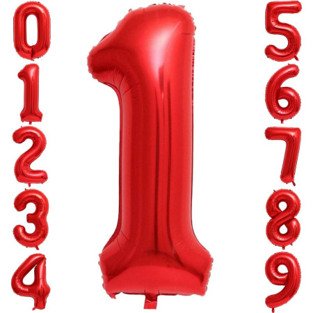 Balon din Folie Metalizata Cyrax, Figurina Cifra, Tema Aniversare 40 cm, Ambalaj Individual, Pai inclus, Umflare cu Aer sau Heliu, Rosu, Cifra 1