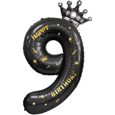 Balon din Folie Metalizata Cyrax, Figurina Cifra si Coroana, Scris Happy Birthday, Tema Aniversare 100 cm, Ambalaj Individual, Pai inclus, Umflare cu Aer sau Heliu, Negru, Cifra 9