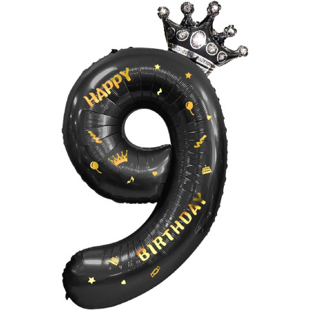 Balon din Folie Metalizata Cyrax, Figurina Cifra si Coroana, Scris Happy Birthday, Tema Aniversare 100 cm, Ambalaj Individual, Pai inclus, Umflare cu Aer sau Heliu, Negru, Cifra 9