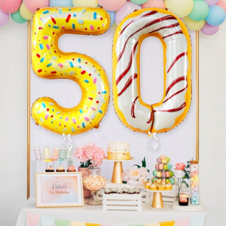 Balon din Folie Metalizata Cyrax, Figurina Cifra, Imprimeu Gogosi, Tema Aniversare 100 cm, Ambalaj Individual, Pai inclus, Umflare cu Aer sau Heliu, Multicolor, Cifra 0