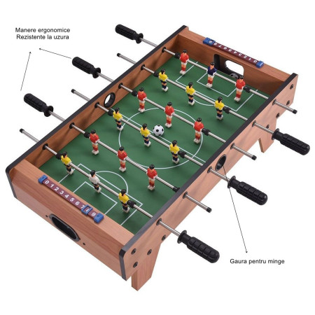 Masa de Fotbal cu Teren si 18 Jucatori Cyrax, 6 Manere, cu Tablou pentru Scor, din Metal, Lemn si ABS, 69 x 36.5 x 23 cm, cu Picioruse, pentru copii/adulti