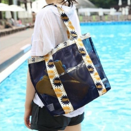 Geanta de Plaja, Cyrax, din Plasa Transparenta, Imprimeu Oops, 43 x 10 x 33 cm, Model pentru Umar, Lungime Inferioara 33 cm, Negru