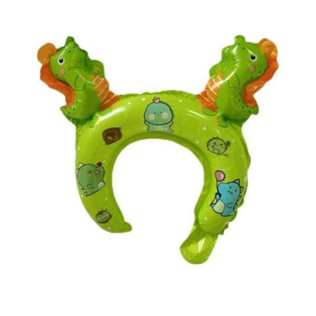 Balon din Folie Metalizata, Cyrax, Tip Coronita cu Urechi, Model Dinozauri, Ambalaj Individual, Pai Inclus, Umflare cu Aer sau Heliu, 29 x 26.5 cm, Verde