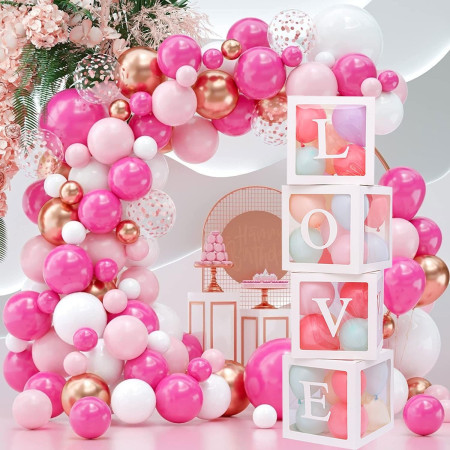Set 4 Cutii pentru Baloane, Cyrax, Model Scris Love, Tematica Iubire, Cuburi Decorative din Plastic, Accesorii pentru Petrecere, 30 x30 cm, Transparente Contur Alb