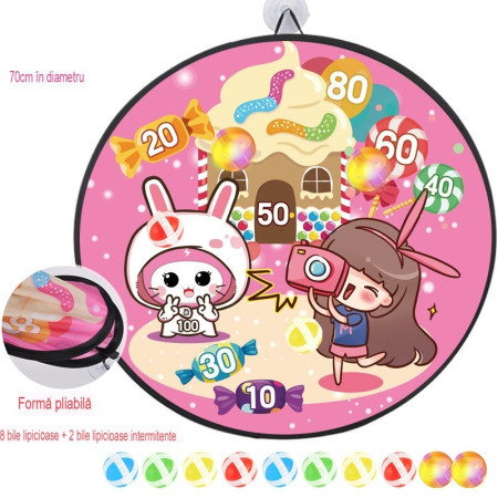 Joc Darts Cyrax pentru Copii, Placa Pliabila 70 cm, 8 Mingii Velcro/Scai Simple, 2 Mingii Luminoase, Model Acadele, Roz