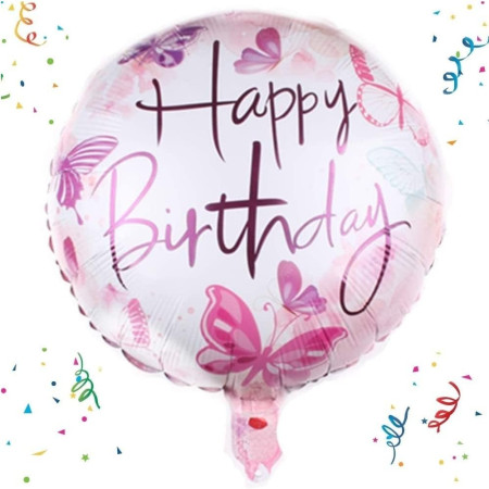 Balon din Folie Metalizata, Cyrax, Mini Figurina Rotunda, Model Happy Birthday Fluturasi, Tema Aniversare, 45 cm, Ambalaj Individual, Pai inclus, Umflare cu Aer sau Heliu, Roz