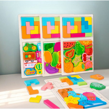 Puzzle Montessori din Lemn pentru Copii, Cyrax, Tip Tetris 2in1 +3 Ani, cu Fructe Colorate 3D, Educativ, Intuitiv, Creativ, 21 de Piese, 28.5x17x1.2 cm, Multicolor