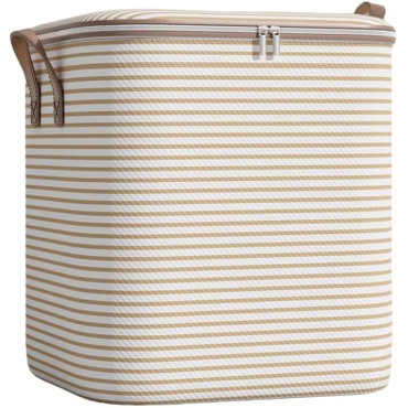 Cutie de Depozitare cu Fermoar,  Pliabila, Maner Ranforsat, Fermoar Rezistent, pentru Haine, Paturi, Plapume, Perne, Lenjerii de Pat, Jucarii, 50x40x50 cm, 100 Litri, in Dungi, Bej