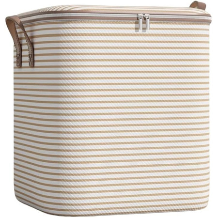 Cutie de Depozitare cu Fermoar,  Pliabila, Maner Ranforsat, Fermoar Rezistent, pentru Haine, Paturi, Plapume, Perne, Lenjerii de Pat, Jucarii, 50x40x50 cm, 100 Litri, in Dungi, Bej