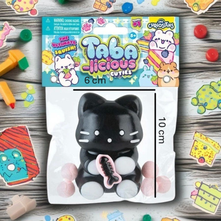 Jucarie Antistres Squishy, Cyrax, cu Revenire Lenta, Squeeze Pinch Family, Model Pisicuta, 10cm x6cm Ambalaj Transparent, 70 gr, Negru