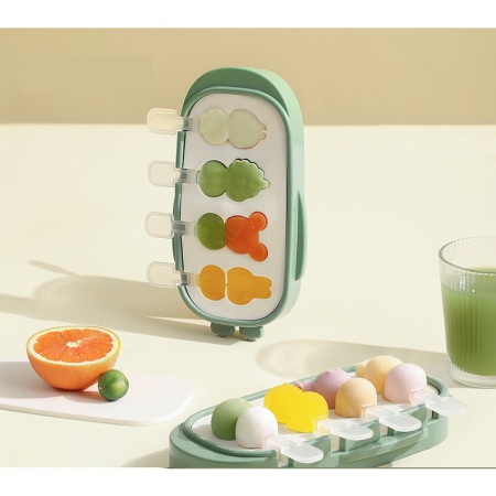 Forma pentru inghetata Cyrax, 4 compartimente, forme cu animalute, materialsilicon si ABS, 21 x 12.8 x 3cm, verde