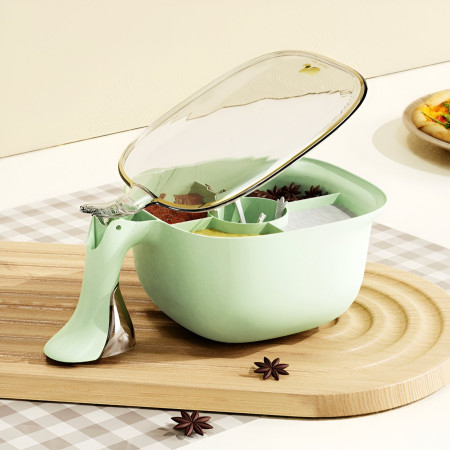 Cutie de Depozitare a Condimentelor, Cyrax, de Uz Casnic, cu Maner Stabil, cu Capac, 4 Compartimente Principale, 21 x 14 x 10 cm, Verde