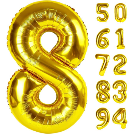 Balon din Folie Metalizata Cyrax, Figurina Cifra, Tema Aniversare 40 cm, Ambalaj Individual, Pai inclus, Umflare cu Aer sau Heliu, Auriu, Cifra 8