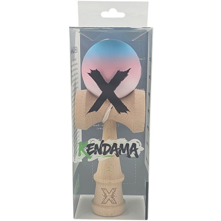 Kendama X Originala, Profesionala, Cyrax, din Lemn, Rubber Grip, 18 cm, Gradient Albastru/Roz/Alb