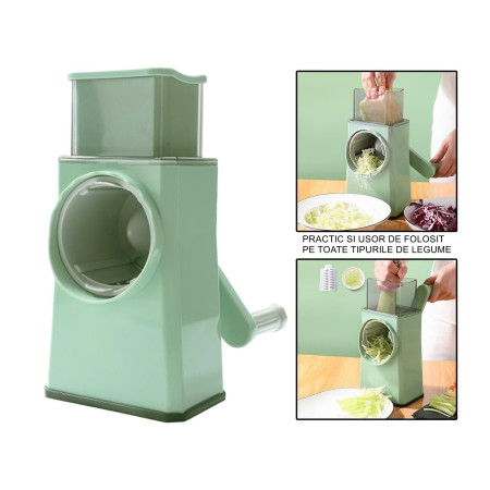 Feliator manual pentru legume Cyrax, 3 lame din otel inxodabil, 3 tipuri de feliere, material carcasa ABS, latime maxima feliere 4 mm, baza de tip ventuza, usor si sigur de utilizat, 28.5 x 9,2 x 13.5 cm, verde