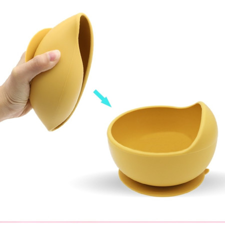 Set 5 piese diversificare bebelusi si copii din silicon Cyrax, baveta, farfurie compartimentata cu ventuza, bol cu ventuza, tacamuri, fara alergeni, galben