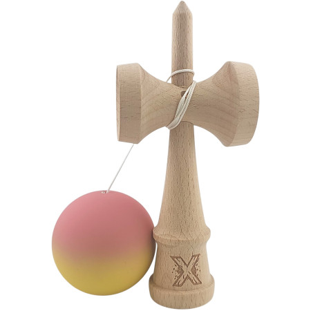 Kendama X Originala, Profesionala, Cyrax, din Lemn, Rubber Grip, 18 cm, Roz/Galben