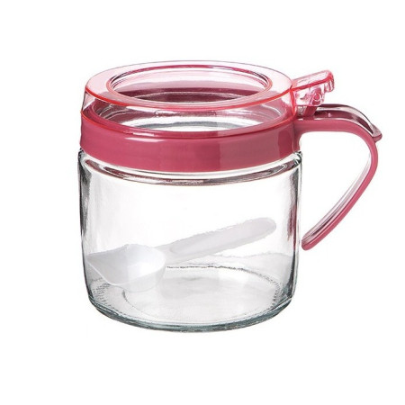 Recipient Condimente, Cyrax, din Stilca, 180 ml, cu Maner si Lingurita, 8 x 9 cm, Capac Transparent, Roz