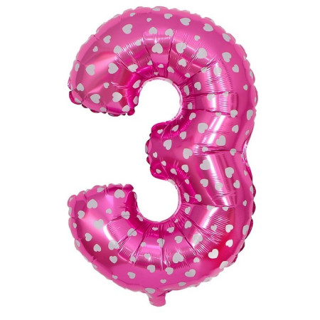 Balon din Folie Metalizata Cyrax, Figurina Cifra, Imprimeu Inimi, Tema Aniversare 80 cm, Ambalaj Individual, Pai inclus, Umflare cu Aer sau Heliu, Roz, Cifra 3