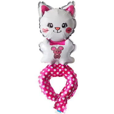 Balon din Folie Metalizata, Cyrax, Figurine Animalute, Tip Bratara, Model Pisica, Ambalaj Individual, Pai Inclus, Umflare cu Aer sau Heliu, Alb