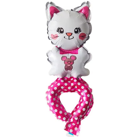 Balon din Folie Metalizata, Cyrax, Figurine Animalute, Tip Bratara, Model Pisica, Ambalaj Individual, Pai Inclus, Umflare cu Aer sau Heliu, Alb