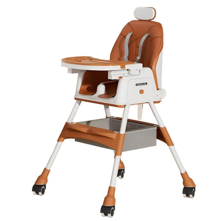 Scaun de Masa pentru Bebelusi si Copii Cyrax, cu Roti, cu Tetiera, Telescopic, Pliabil, Masuta Reglabila, Suport Picioare, Scaun cu Invelis Piele Artificiala, Centura Siguranta, Spatiu Depozitare, 97 x 73 x 65 cm, Maro