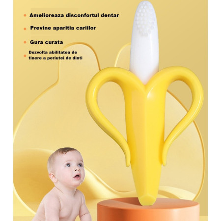 Jucarie dentitie bebelusi Cyrax, banana, cu manere de prindere, material silicon non-toxic, fara miros, 10.5x5.9 cm, galben