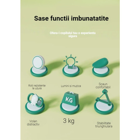 Bicicleta Pentru Copii, Cyrax, Fara Pedale, Cu Patru Roti, Din Plastic Rezistent, Fara BPA, Cu Muzica Si Lumini, Model Dinozaur, 50x27x40 Cm, Verde