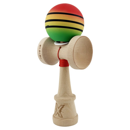 Kendama X Originala, Profesionala, Cyrax, Rubber Grip, Cupe Mari KING SIZE V3, Gaura in Baza, Rulment Metalic, din lemn 18 cm, Ata 62/65 cm, Special Rosu/Galben/Verde