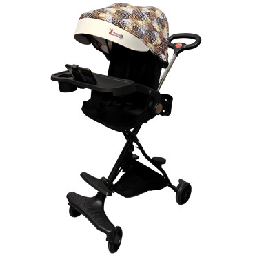 Carucior Sport Cyrax 3in1, 6-36 Luni, Reversibil, Pliabil, Tavita pentru Masa, Pozitie de Somn, Centura de Siguranta, Roti 360, Suport Pahar, Copertina pentru Soare, 32x63x95cm, Maro Model Carouri