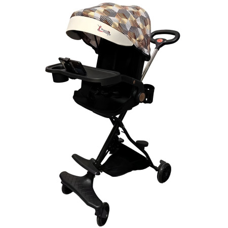 Carucior Sport Cyrax 3in1, 6-36 Luni, Reversibil, Pliabil, Tavita pentru Masa, Pozitie de Somn, Centura de Siguranta, Roti 360, Suport Pahar, Copertina pentru Soare, 32x63x95cm, Maro Model Carouri