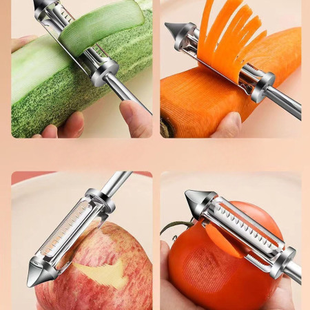 Peeler 2in1 pentru Legume si Fructe, Cyrax, Multifunctional, cu 2 Lame de Curatati si Feliat, Varf Ascutit pentru Gaurit, 18 cm, din Otel Inoxidabil, Argintiu/Negru