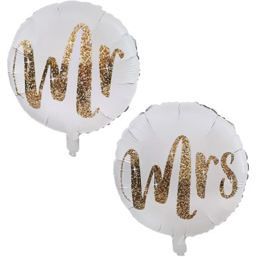 Set 12 Baloane din Folie Metalizata si din Latex, Cyrax, Model Mr Mrs, Tema Nunta, Baloane Party cu Confetti, 45 cm, 30 cm, Pai inclus, Umflare cu Aer sau Heliu, Alb/Auriu