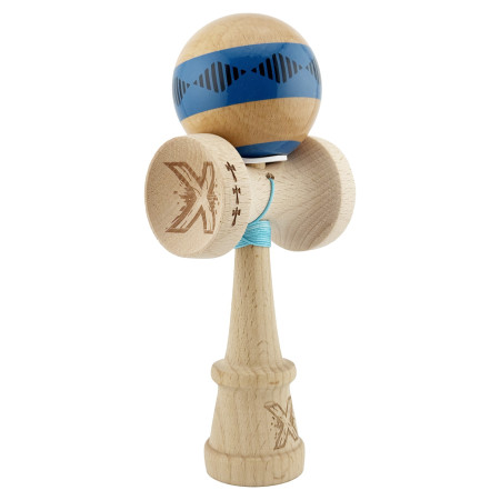 Kendama X Originala FREQUENCY, Profesionala, Cyrax, Cupe Mari KING SIZE V3, Super Sticky, Gaura in Baza, Rulment Metalic, din lemn 18 cm, Ata 55 cm, Albastru/Maro