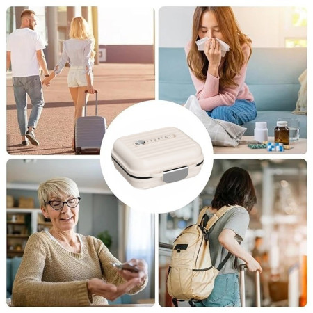 Cutie Medicamente,  Bej, 7 Compartimente, Portabila si Compacta, 7.8x7.2x3.5 cm, Ideala pentru Uzul Cotidian